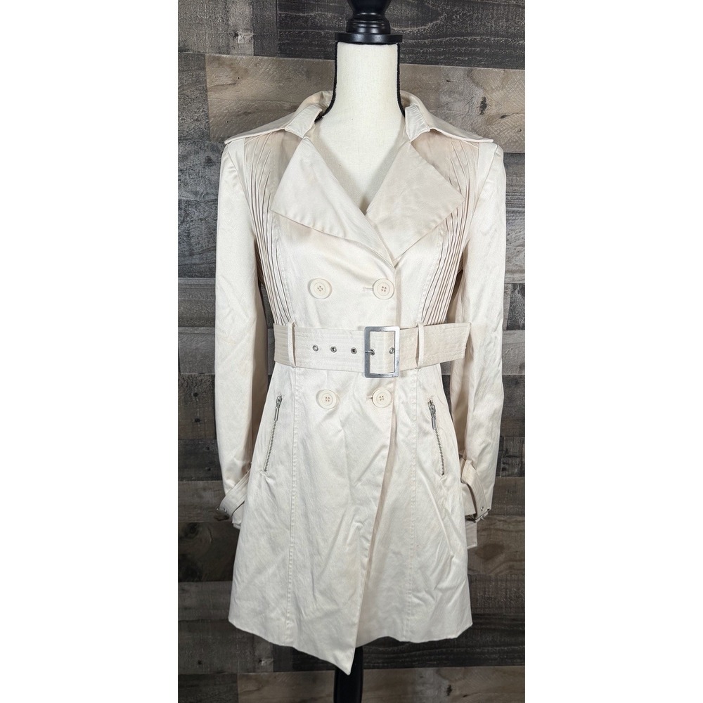 Runway New York Women's Large Trench Coat Cream Ivory Satin Belted Y2K